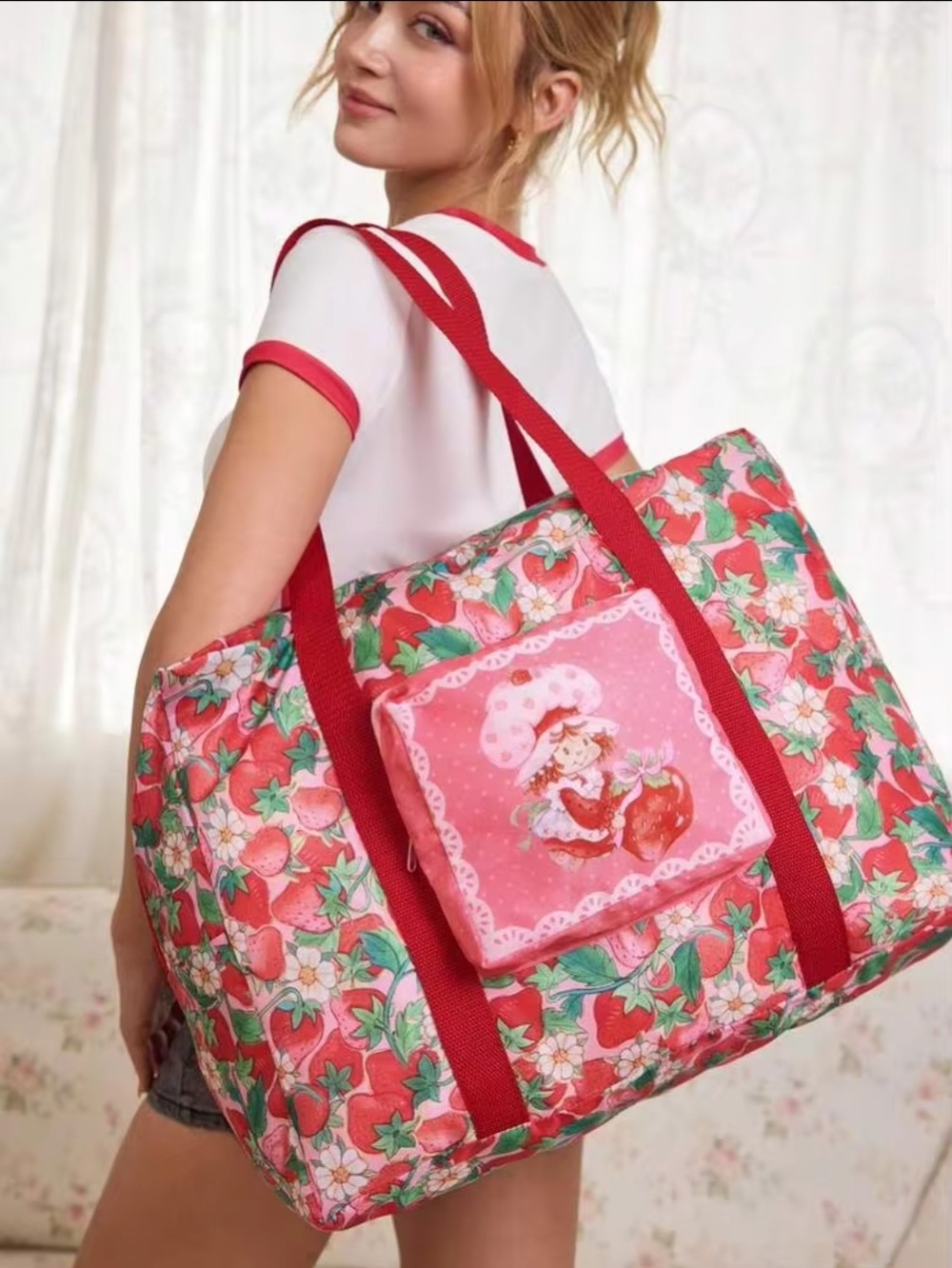 Pink Strawberry-Print Travel Tote Bag with Red Straps